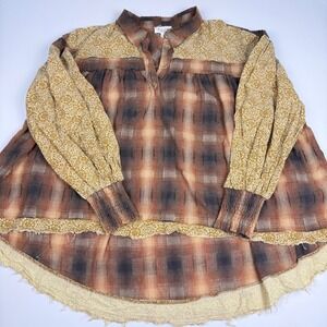 Oli & Hali Mixed Media Plaid Peasant Boho Fall Cottage Top Brown Yellow Large